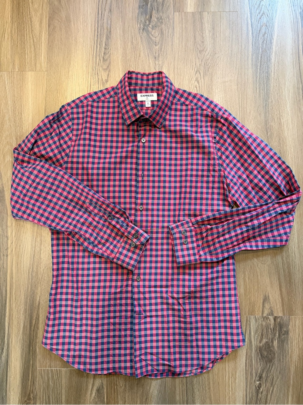 Express Men's Red and Blue Check Button-Down Shirt